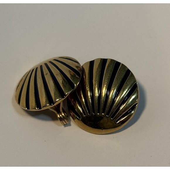 Vintage Earrings Black Enamel Gold Tone Clip-On Button Shell - Picture 3 of 9